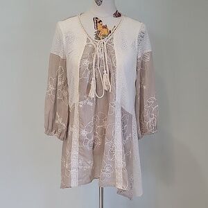RYU cotton beige lace top.  Boho style with tassle ties, loose fitting tunic.